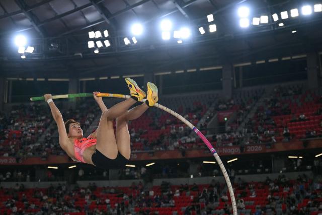 Japan's Misaki Morota competes in the women's pole vault final during the 2026 Asian Games at Nagoya City Mizuho Park Athletic Stadium in Nagoya, Aichi Prefecture on September 25, 2026. (Photo by MOHD RASFAN / AFP)