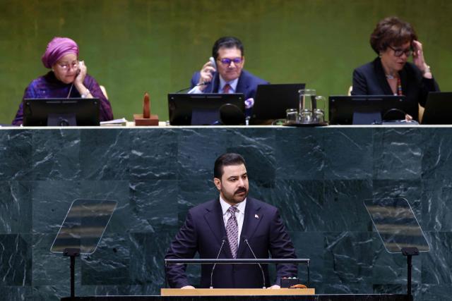 Iraq's Prime Minister Ali al-Zaidi speaks during the 81st United Nations General Assembly at UN headquarters in New York on September 25, 2026. (Photo by Leonardo MUNOZ / AFP)