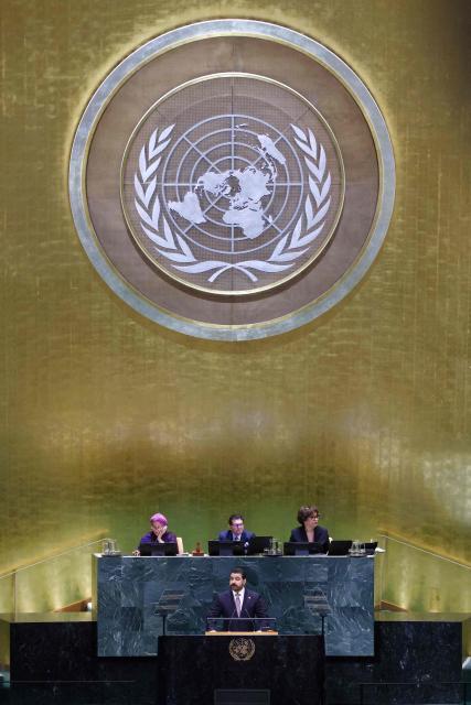 Iraq's Prime Minister Ali al-Zaidi speaks during the 81st United Nations General Assembly at UN headquarters in New York on September 25, 2026. (Photo by Leonardo MUNOZ / AFP)
