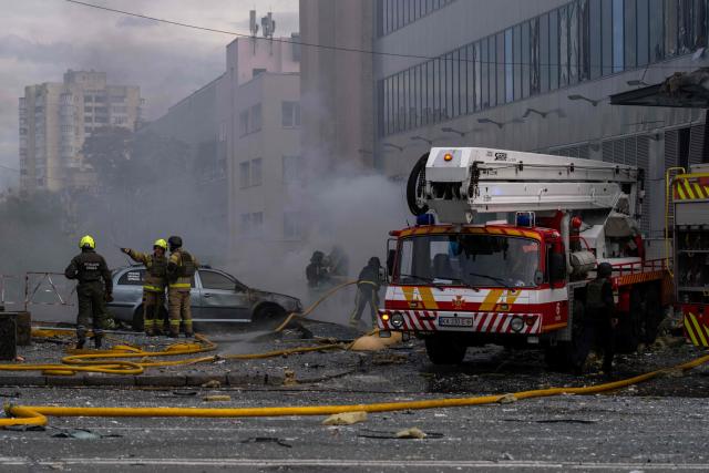 Ukrainian rescuers operate at the site of an air attack on an office building in Kyiv on September 25, 2026, amid the Russian invasion of Ukraine. Russian daytime strikes on Kyiv killed five people on September 25, 2026, local authorities said, the latest in a wave of intensifying attacks on the war-torn capital. Kyiv has faced increasing drone and missiles strikes in recent months, prompting renewed calls for air defence systems, including for advanced Patriot air defence systems that Ukraine hopes to produce with US licences. (Photo by OLEKSII FILIPPOV / AFP)
