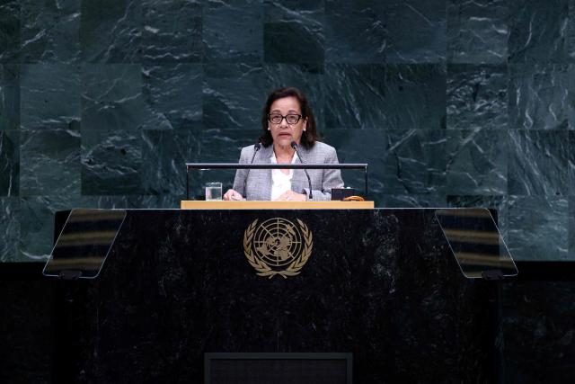President of the Marshall Islands Hilda Heine speaks during the 81st United Nations General Assembly at UN headquarters in New York on September 25, 2026. (Photo by Leonardo MUNOZ / AFP)