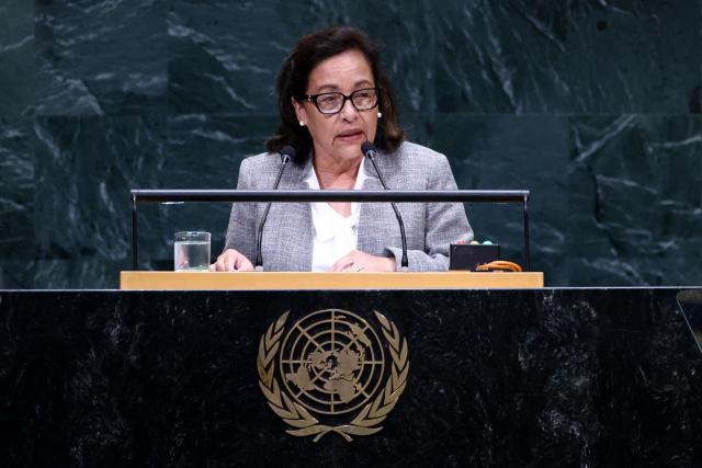 President of the Marshall Islands Hilda Heine speaks during the 81st United Nations General Assembly at UN headquarters in New York on September 25, 2026. (Photo by Leonardo MUNOZ / AFP)