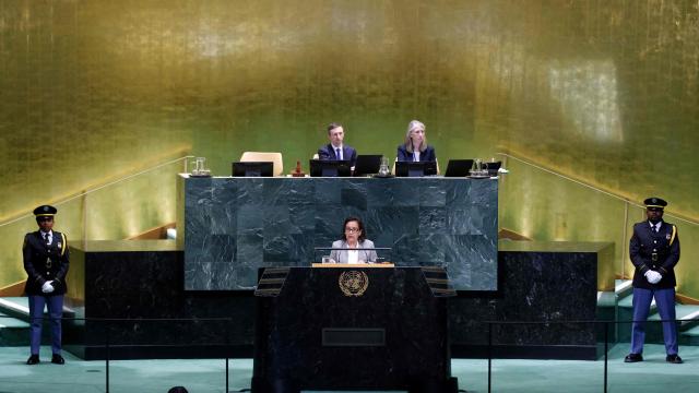President of the Marshall Islands Hilda Heine speaks during the 81st United Nations General Assembly at UN headquarters in New York on September 25, 2026. (Photo by Leonardo MUNOZ / AFP)