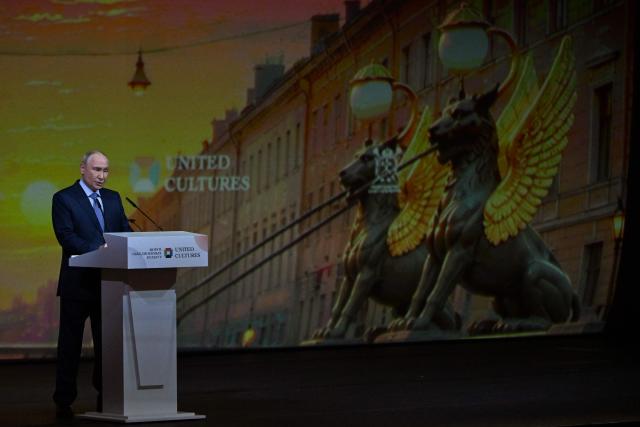 Russian President Vladimir Putin gives a speech during the International United Cultures Forum at the Mariinsky Theatre in Saint Petersburg on September 25, 2026. (Photo by Olga MALTSEVA / AFP)