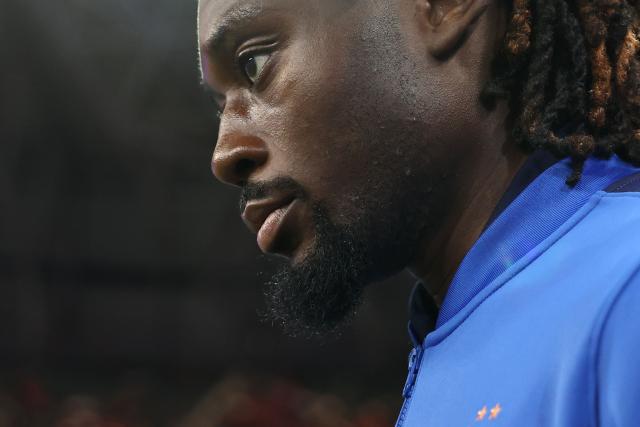 France's midfielder Manu Kone arrives at the stadium ahead of the UEFA Nations League (League A, Group 1) football match between Turkey and France at the Kocaeli Stadium in Izmit, on September 25, 2026. (Photo by FRANCK FIFE / AFP)