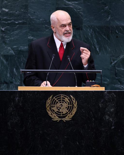 Albania's Prime Minister Edi Rama speaks during the 81st United Nations General Assembly at UN headquarters in New York on September 25, 2026. (Photo by Leonardo MUNOZ / AFP)