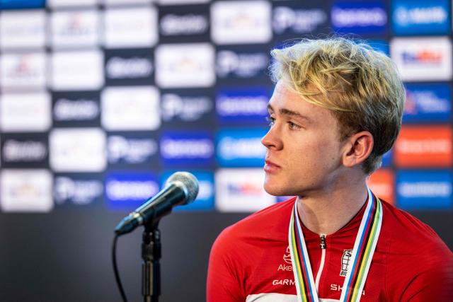 Norway's Jesper Stiansen, third place finisher of the Under-23 Men's Road Race, speaks during a press conference after the event at the 2026 Union Cycliste Internationale (UCI) Road World Championships in Montreal, Quebec, on September 25, 2026. (Photo by ANDREJ IVANOV / AFP)