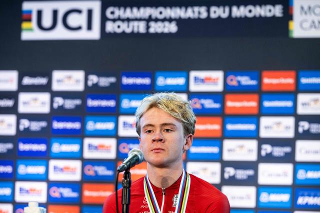 Norway's Jesper Stiansen, third place finisher of the Under-23 Men's Road Race, speaks during a press conference after the event at the 2026 Union Cycliste Internationale (UCI) Road World Championships in Montreal, Quebec, on September 25, 2026. (Photo by ANDREJ IVANOV / AFP)
