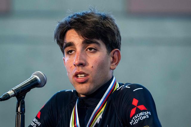 Spain's Hector Alvarez, second place finisher in the Under-23 Men's Road Race, speaks during a press conference after the event at the 2026 Union Cycliste Internationale (UCI) Road World Championships in Montreal, Quebec, on September 25, 2026. (Photo by ANDREJ IVANOV / AFP)