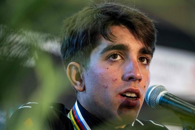 Spain's Hector Alvarez, second place finisher in the Under-23 Men's Road Race, speaks during a press conference after the event at the 2026 Union Cycliste Internationale (UCI) Road World Championships in Montreal, Quebec, on September 25, 2026. (Photo by ANDREJ IVANOV / AFP)