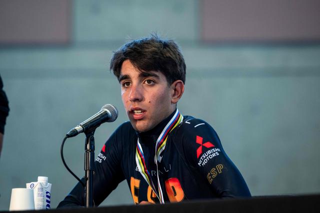 Spain's Hector Alvarez, second place finisher in the Under-23 Men's Road Race, speaks during a press conference after the event at the 2026 Union Cycliste Internationale (UCI) Road World Championships in Montreal, Quebec, on September 25, 2026. (Photo by ANDREJ IVANOV / AFP)