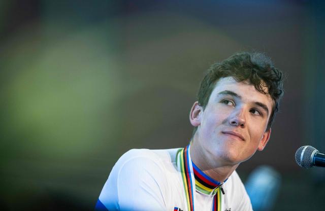United States' Ashlin Barry, winner of the Under-23 Men's Road Race, speaks during a press conference after the event at the 2026 Union Cycliste Internationale (UCI) Road World Championships in Montreal, Quebec, on September 25, 2026. (Photo by ANDREJ IVANOV / AFP)