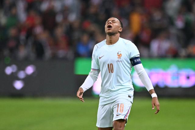 France's forward #10 Kylian Mbappe reacts during the UEFA Nations League (League A, Group 1) first leg football match between Turkey and France at the Kocaeli Stadium in Izmit, on September 25, 2026. (Photo by OZAN KOSE / AFP)