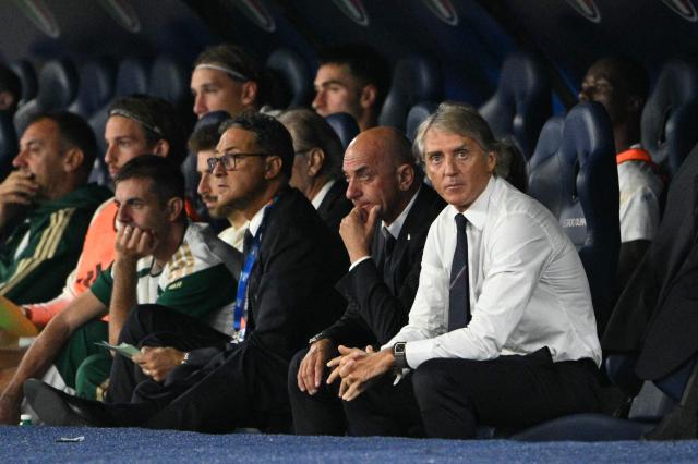 Italy's Italian headcoach Roberto Mancini looks on during the UEFA Nations League (League A, Group 1) football match between Italy and Belgium at the Olympic Stadium in Rome on September 25, 2026. (Photo by Andreas SOLARO / AFP)