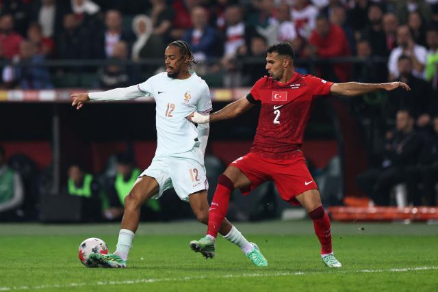 France's forward #12 Bradley Barcola fights for the ball with Turkey's defender #02 Zeki Celik (R) during the UEFA Nations League (League A, Group 1) first leg football match between Turkey and France at the Kocaeli Stadium in Izmit, on September 25, 2026. (Photo by FRANCK FIFE / AFP)