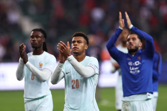 France's forward #20 Desire Doue applauds after winning the UEFA Nations League (League A, Group 1) first leg football match between Turkey and France at the Kocaeli Stadium in Izmit, on September 25, 2026. (Photo by FRANCK FIFE / AFP)
