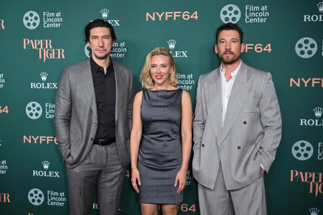 US actors Adam Driver (L), Scarlett Johansson and Miles Teller (R) attend the premiere of "Paper Tiger" during opening night of the 64th New York Film Festival in New York on September 25, 2026. (Photo by ANGELA WEISS / AFP)