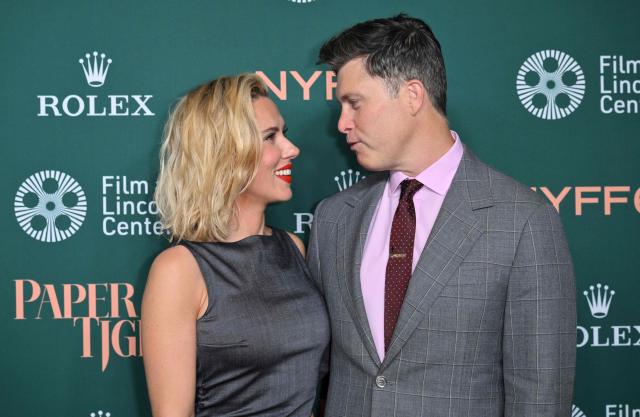 US actress Scarlett Johansson and her husband US comedian/writer Colin Jost attend the premiere of "Paper Tiger" during opening night of the 64th New York Film Festival in New York on September 25, 2026. (Photo by ANGELA WEISS / AFP)