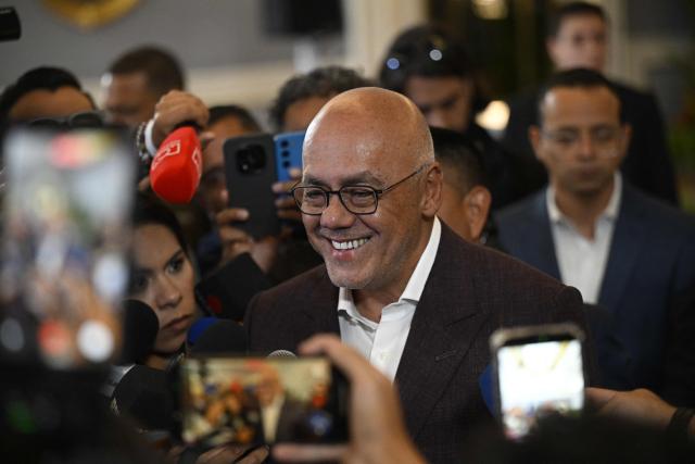Venezuela's National Assembly President Jorge Rodriguez speaks to journalists following the signing of an agreement between government and opposition delegations at the closing of the second round of political dialogue talks at the Melia hotel in Caracas on September 25, 2026. (Photo by Federico PARRA / AFP)