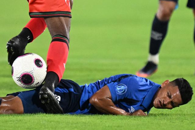 El Salvador's midfielder #10 Victor Garcia reacts during the Concacaf Nations League Cup football match between El Salvador and Martinique, at the Jorge 'El Magico' Gonzalez stadium in San Salvador, on September 25, 2026. (Photo by MARVIN RECINOS / AFP)