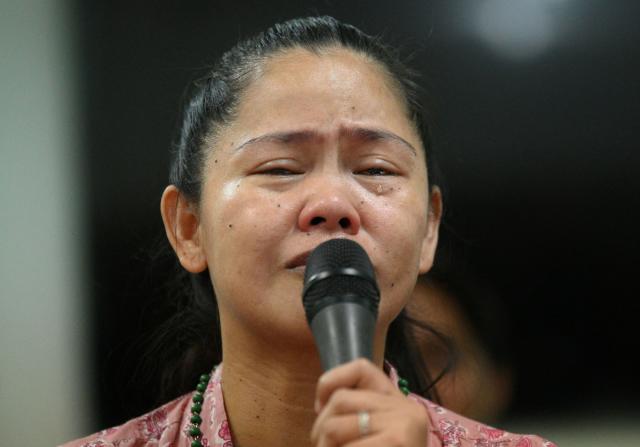 Mary Jane Veloso sheds tears as she speaks during a press conference inside a school campus in Quezon City suburban Manila on September 26, 2026, a day after she was released from the correctional institution for women after authorities granted her pardon. A Filipina who spent almost 15 years on death row in Indonesia for drug trafficking walked free on September 25 after receiving a presidential pardon. (Photo by Ted ALJIBE / AFP)