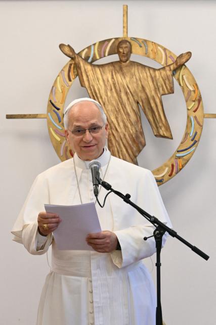 Pope Leo XIV speaks during a visit to the Maison Bakhita, a support and social integration centre, in Paris on September 26, 2026 on the second day of his visit to France. (Photo by Alberto PIZZOLI / POOL / AFP)