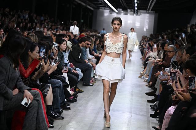 A model walks the runway during the Ermanno Scervino collection show as part of Women's Spring/Summer 2027 Milan's fashion week, on September 26, 2026. (Photo by Piero CRUCIATTI / AFP)
