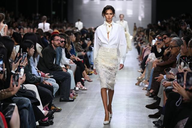 A model walks the runway during the Ermanno Scervino collection show as part of Women's Spring/Summer 2027 Milan's fashion week, on September 26, 2026. (Photo by Piero CRUCIATTI / AFP)