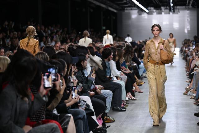 A model walks the runway during the Ermanno Scervino collection show as part of Women's Spring/Summer 2027 Milan's fashion week, on September 26, 2026. (Photo by Piero CRUCIATTI / AFP)