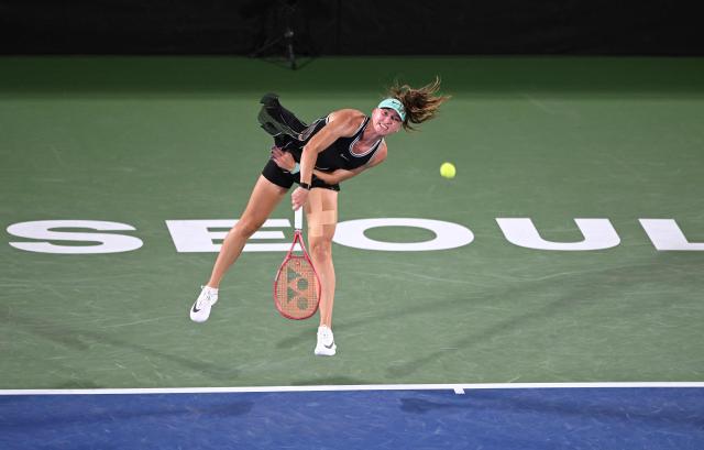 Alina Korneeva of Russia serves against Maya Joint of Australia during their women’s singles semi-final match at the Korea Open tennis championships in Seoul on September 26, 2026. (Photo by Jung Yeon-je / AFP)