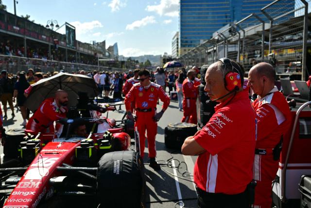 Ferrari's French team principal Frederic Vasseur follows the team's preparations on the grid prior to the Formula One Azerbaijan Grand Prix at the Baku City Circuit in Baku on September 26, 2026. (Photo by Andrej ISAKOVIC / AFP)