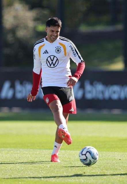 Germany's Nadiem Amiri kicks a ball during a training session of Germany's national football team in Herzogenaurach, southern Germany on September 26, 2026, ahead of their UEFA Nations League football match against Greece on September 27. (Photo by ALEXANDRA BEIER / AFP)