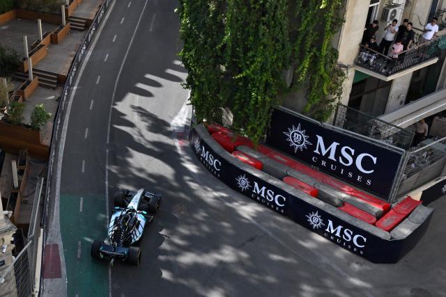 Mercedes' British driver George Russell competes during the Formula One Azerbaijan Grand Prix at the Baku City Circuit in Baku on September 26, 2026. (Photo by Igor IVANKO / AFP)
