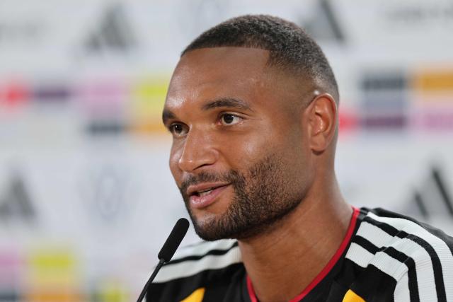 Germany's defender Jonathan Tah addresses a press conference in Herzogenaurach, southern Germany on September 26, 2026, ahead of the UEFA Nations League football match Germany v Greece on September 27. (Photo by Alexandra BEIER / AFP)