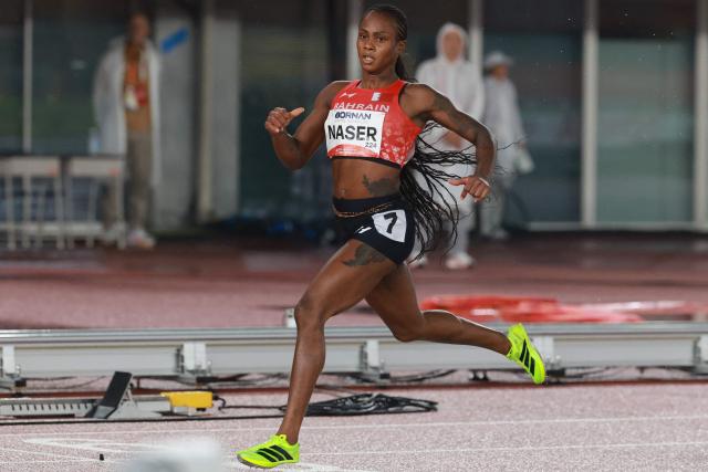 Bahrain's Salwa Naser crosses the finish line in the women's 400m final during the 2026 Asian Games at Nagoya City Mizuho Park Athletic Stadium in Nagoya, Aichi Prefecture on September 26, 2026. (Photo by DAVID GRAY / AFP)