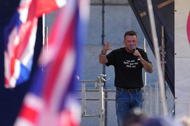 British far-right activist Tommy Robinson, real name Stephen Yaxley-Lennon speaks to the crowd in Trafalgar Square following a march organised by togetherforthechildren in central London on September 26, 2026. (Photo by CARLOS JASSO / AFP)