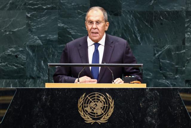 Russia's Foreign Minister Sergey Lavrov speaks during the 81st United Nations General Assembly at UN headquarters in New York on September 26, 2026. (Photo by CHARLY TRIBALLEAU / AFP)