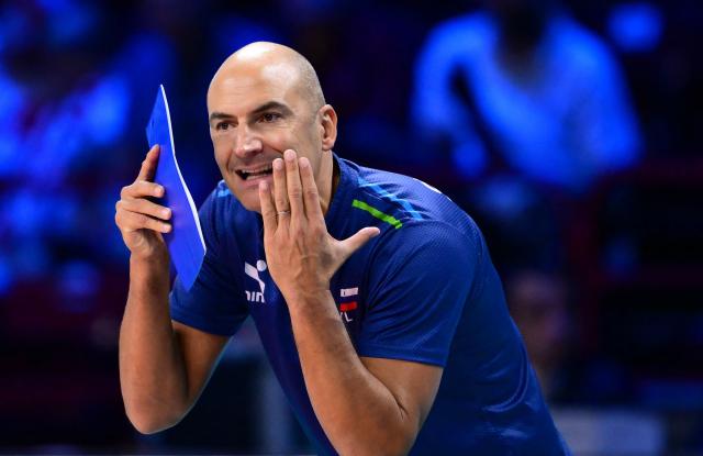 Slovenia’s headcoach Fabio Soli reacts during the CEV EuroVolley 2026 men's bronze medal volleyball match final between Finland and Slovenia at the Forum of Assago, on September 26, 2026. (Photo by Marco BERTORELLO / AFP)