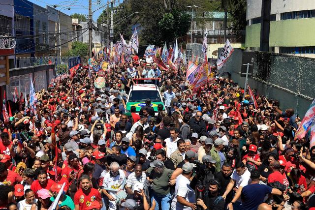 Brazil's President and presidential candidate Luiz Inacio Lula da Silva (C) speaks to supporters alongside Vice-president Geraldo Alckmin, Governor candidate Fernando Haddad , and Senator candidate Marina Silva, during a campaign rally at the Sao Miguel Paulista neighbourhood in Sao Paulo, Brazil, on September 26, 2026. Brazil will hold presidential election on October 4, 2026. (Photo by Miguel SCHINCARIOL / AFP)
