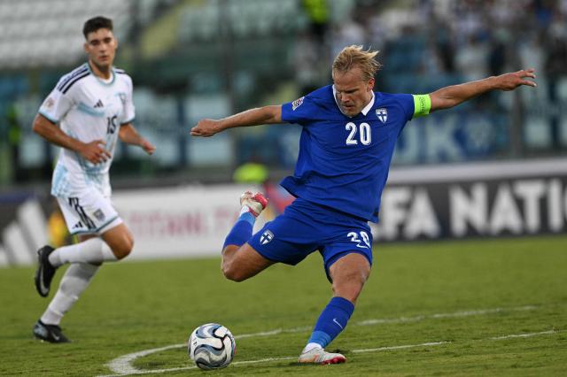 Finland's forward #20 Joel Pohjanpalo kicks the ball during the UEFA Nations League (League C, Group 1) football match between San Marino and Finland at the Serravalle's stadium in San Marino, on September 26, 2026. (Photo by Andreas SOLARO / AFP)