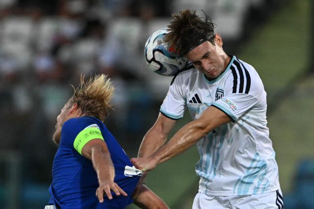 San Marino's defender #04 Filippo Fabbri fights for the ball with Finland's forward #20 Joel Pohjanpalo during the UEFA Nations League (League C, Group 1) football match between San Marino and Finland at the Serravalle's stadium in San Marino, on September 26, 2026. (Photo by Andreas SOLARO / AFP)