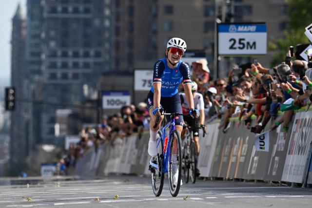 Italy’s Elisa Longo Borghini reacts at the finish line after finishing third in the women’s elite road race during the 2026 Union Cycliste Internationale (UCI) Road World Championships in Montreal, Quebec, on September 26, 2026. (Photo by Andrej Ivanov / AFP)
