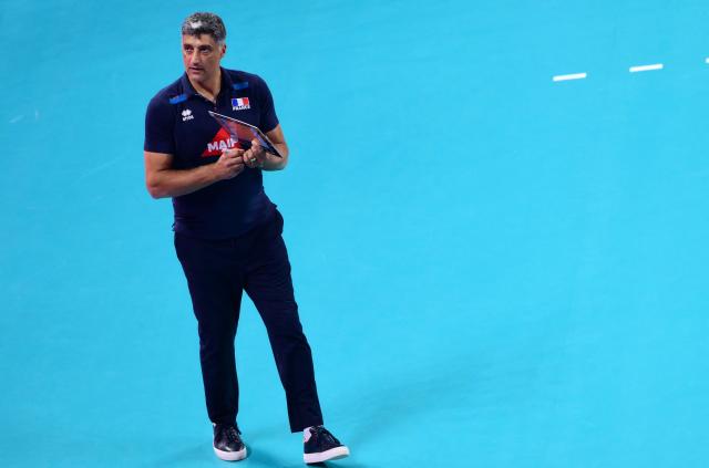 France’s Head coach Andrea Giani looks on during the CEV EuroVolley 2026 men's gold medal final volleyball match between France and Poland at the Forum of Assago, on September 26, 2026. (Photo by Marco BERTORELLO / AFP)
