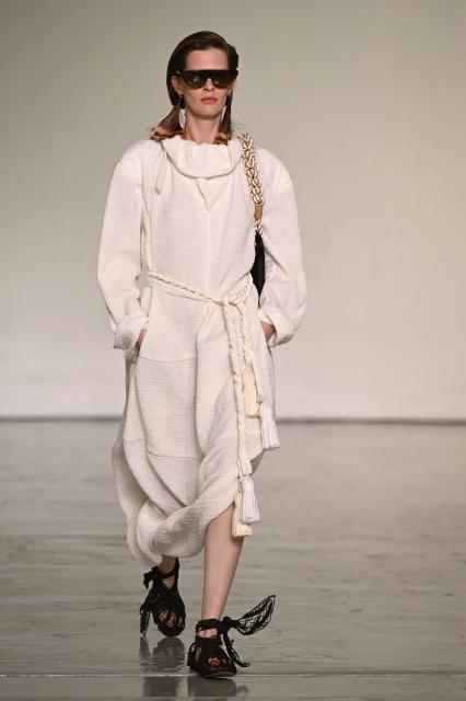 A model walks the runway during the Bottega Veneta collection show as part of Women's Spring/Summer 2027 Milan's fashion week, on September 26, 2026. (Photo by Piero CRUCIATTI / AFP)