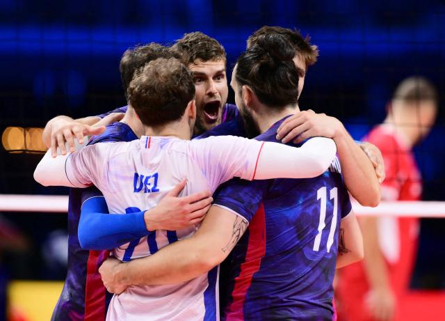 France players celebrates a point during the CEV EuroVolley 2026 men's gold medal final volleyball match between France and Poland at the Forum of Assago, on September 26, 2026. (Photo by Marco BERTORELLO / AFP)