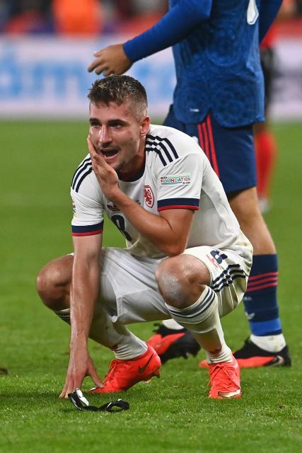 Czech Republic's midfielder #08 Michal Sadilek reacts after the UEFA Nations League Group A3 football match between Czech Republic and Croatia in Prague on September 26, 2026. Croatia won the match 2-1. (Photo by Michal Cizek / AFP)