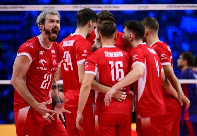 Poland's Opposite Hitter #21 Tomasz Fornal celebrates a point during the CEV EuroVolley 2026 men's gold medal final volleyball match between France and Poland at the Forum of Assago, on September 26, 2026. (Photo by Marco BERTORELLO / AFP)