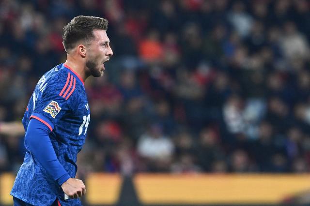 Croatia's forward #19 Marco Pasalic celebrates scoring his team's second goal during the UEFA Nations League Group A3 football match between Czech Republic and Croatia in Prague on September 26, 2026. (Photo by Michal Cizek / AFP)