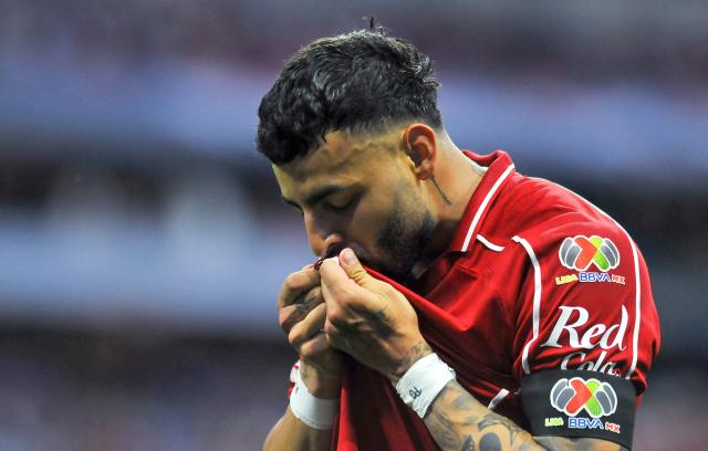 Toluca's forward #09 Alexis Vega celebrates after scoring his team's third goal during the Liga MX Apertura tournament football match between Cruz Azul and Toluca at the Banorte Stadium in Mexico City on September 26, 2026. (Photo by Joaquin SARMIENTO / AFP)