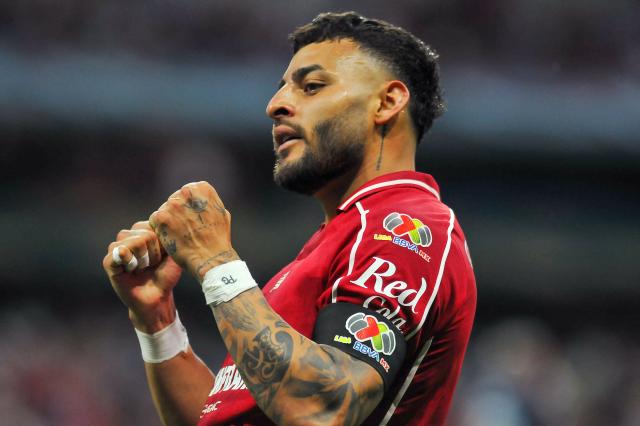 Toluca's forward #09 Alexis Vega celebrates after scoring his team's third goal during the Liga MX Apertura tournament football match between Cruz Azul and Toluca at the Banorte Stadium in Mexico City on September 26, 2026. (Photo by Joaquin SARMIENTO / AFP)